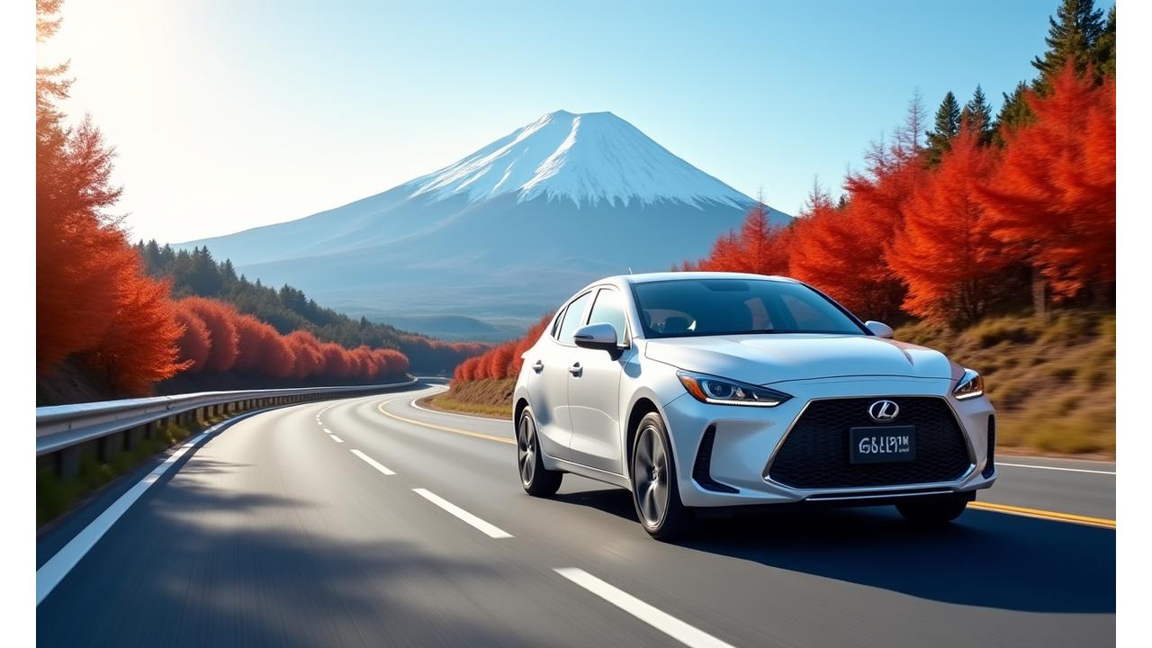 日本の美しい風景の中を快適に運転するレンタカー